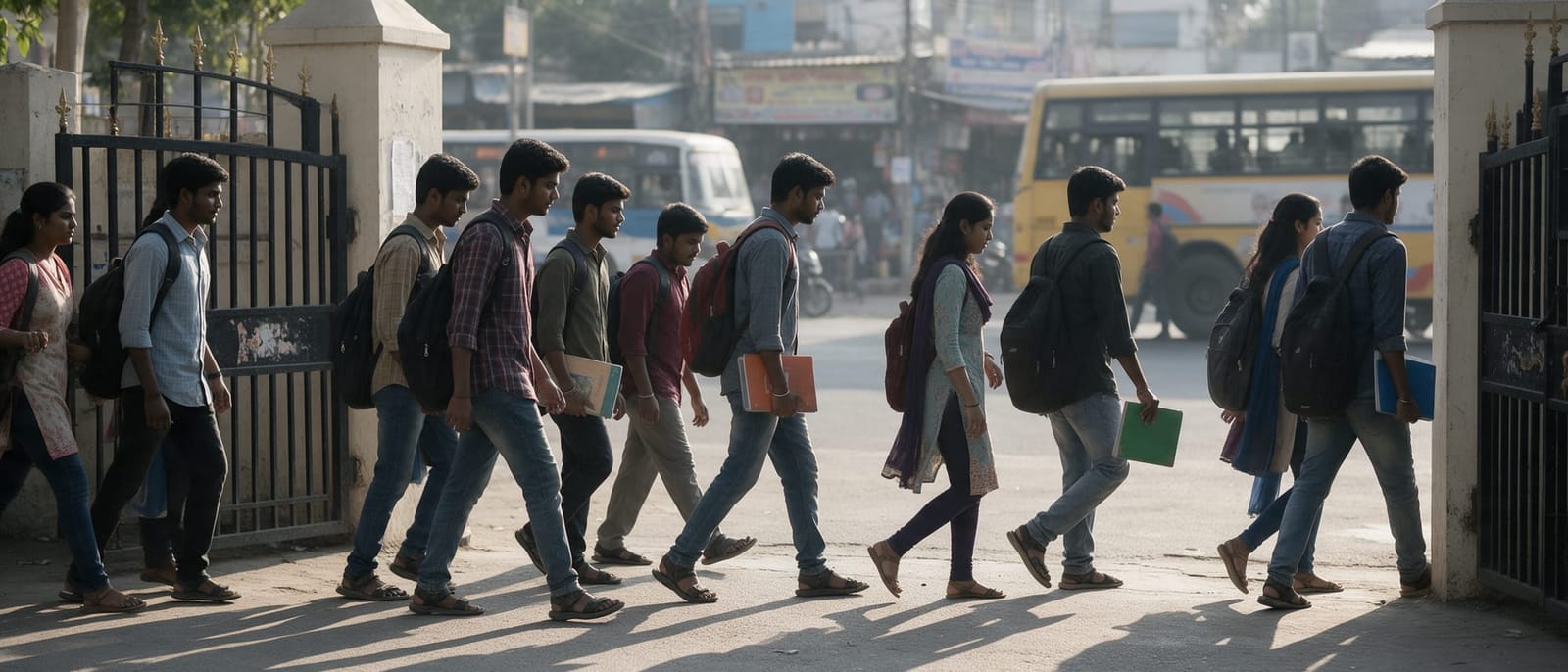 Students walking out of a college gate towards a city street in the morning