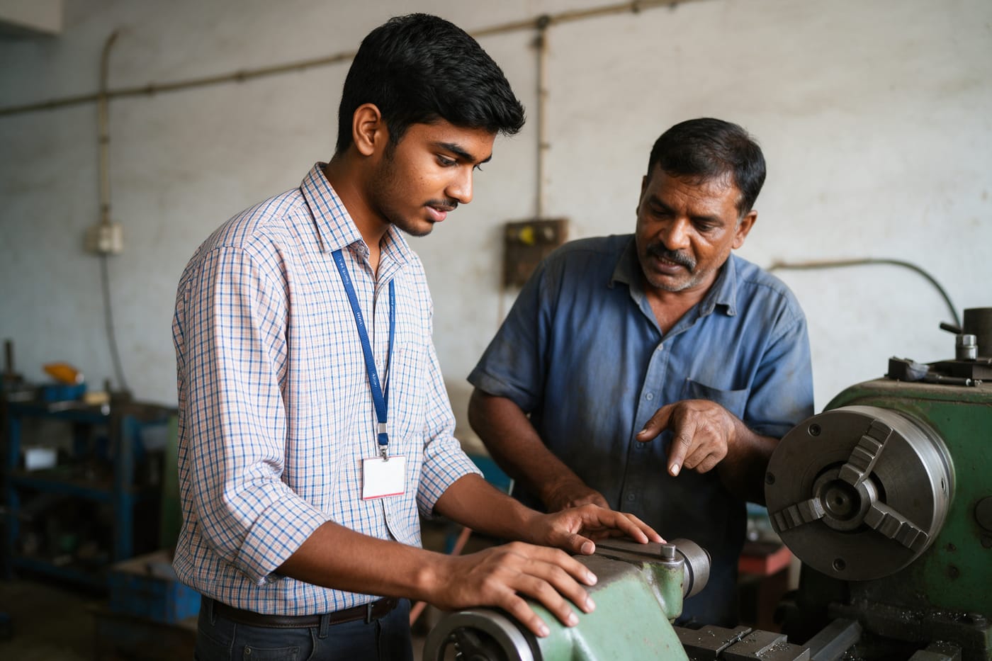 A student learning at a machine beside an experienced technician