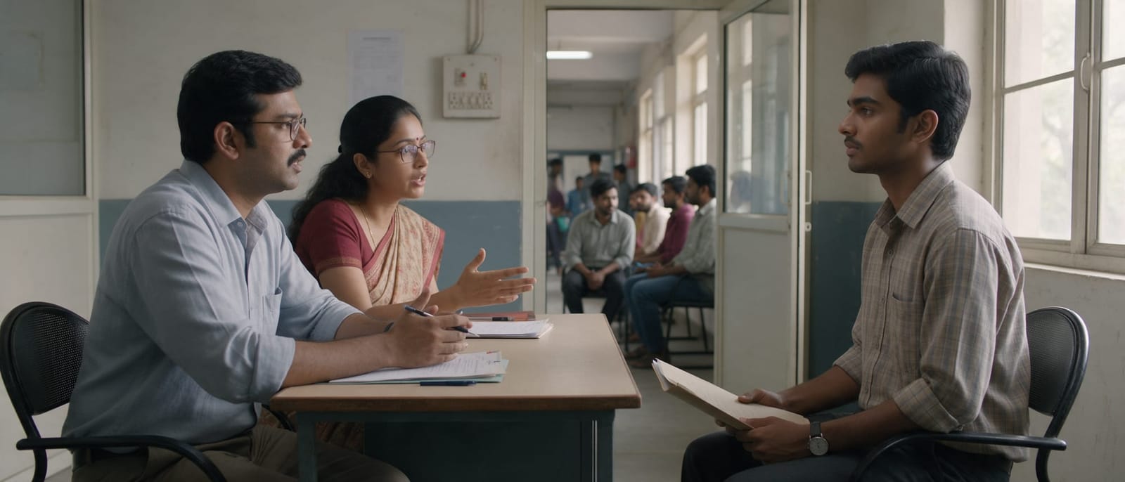 Two interviewers speaking with a job candidate across a table