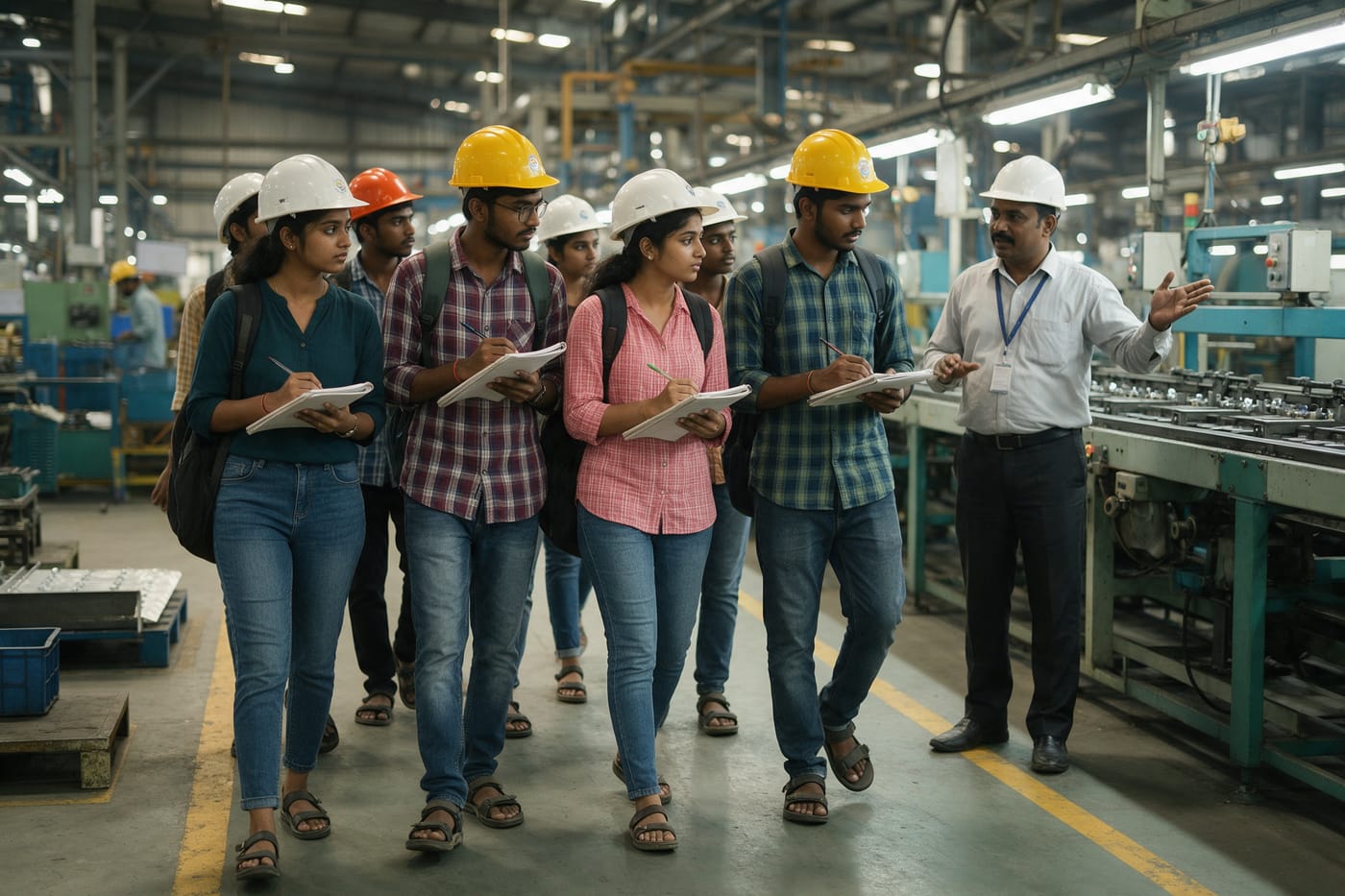 Students in safety helmets on an industry visit to a factory floor