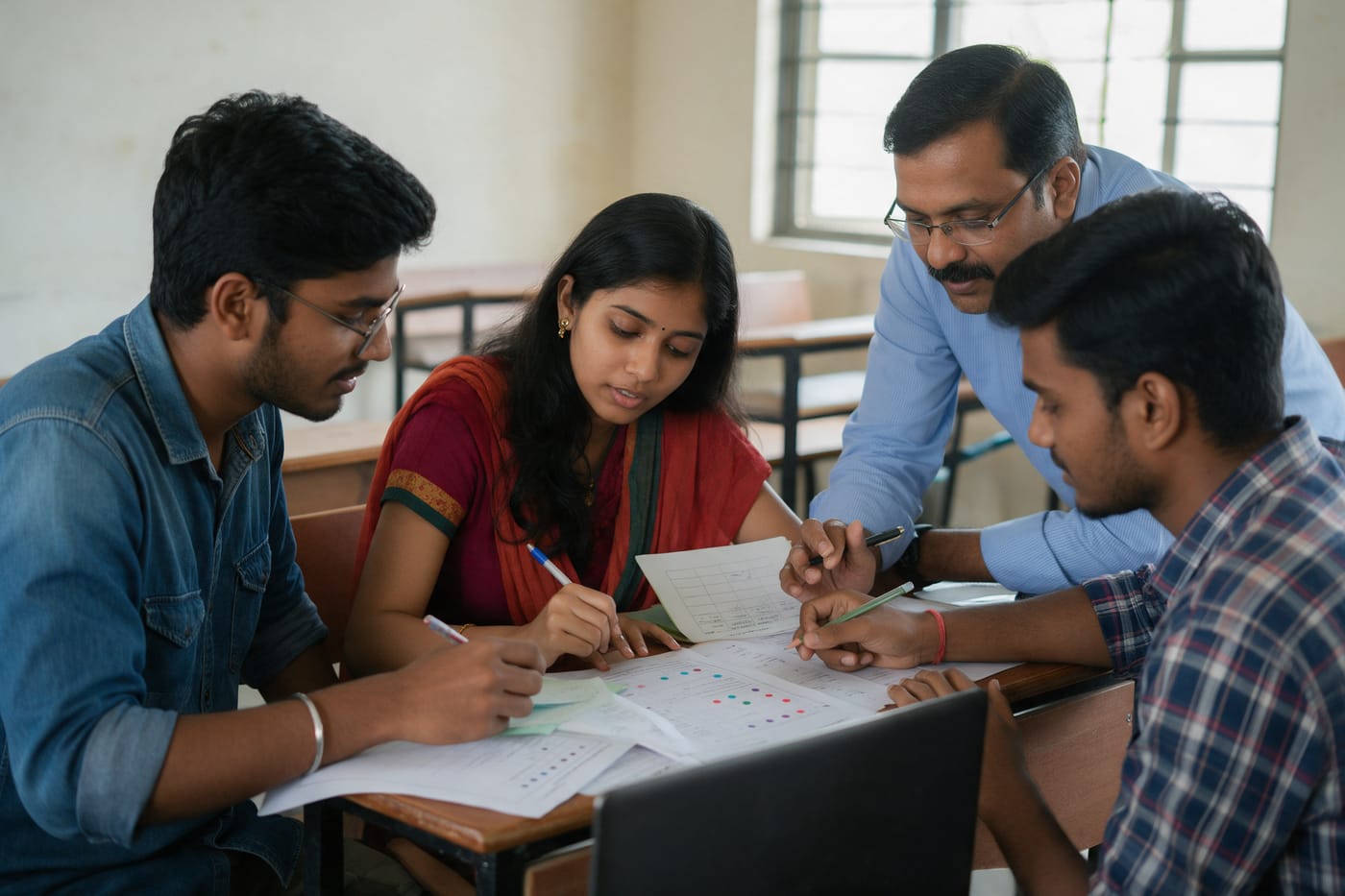 Students and a mentor reviewing survey sheets around a laptop