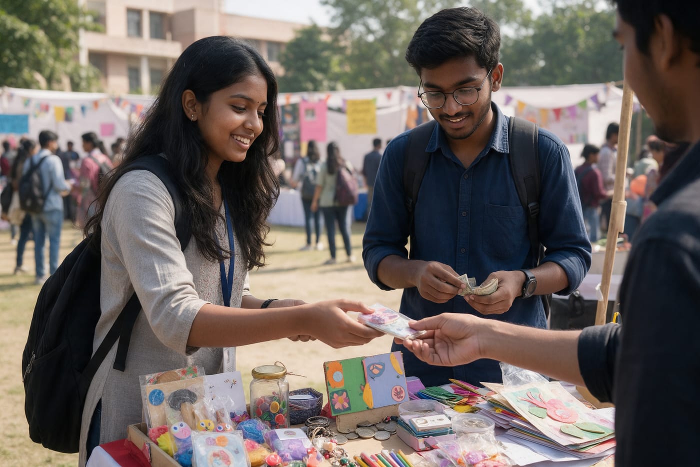 Students selling handmade products at a campus stall