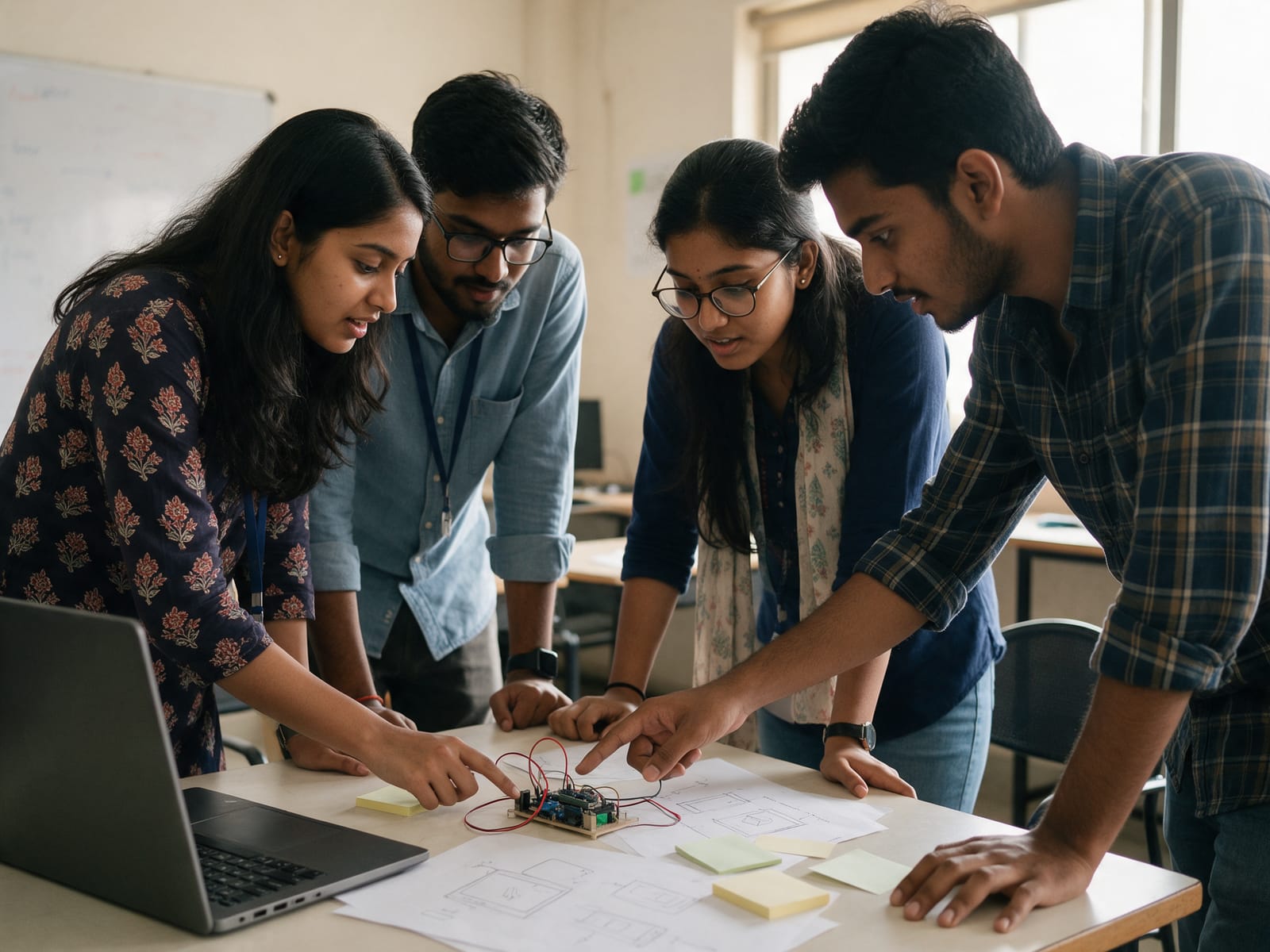 A student team working on a hardware prototype around a table