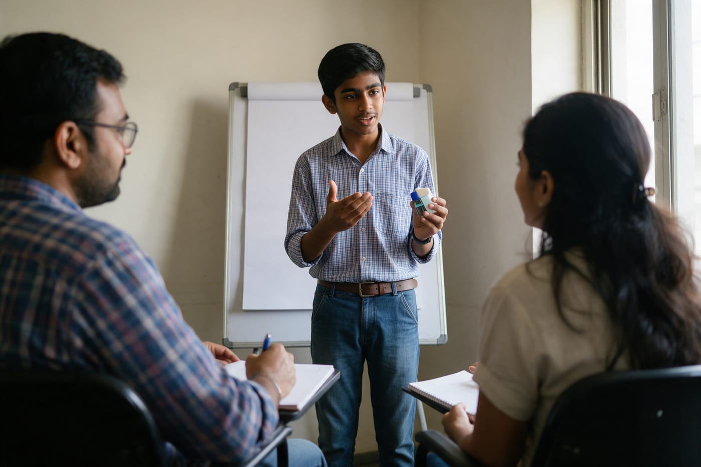 A student pitching a product sample to two mentors