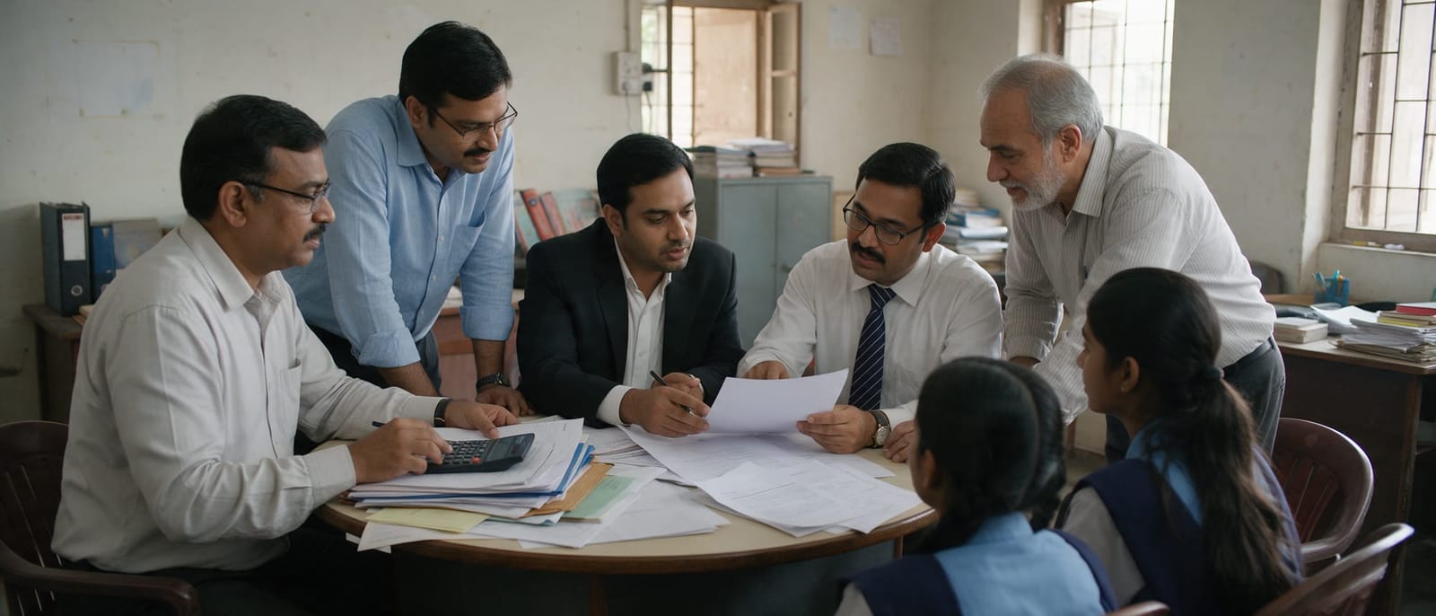 Professionals and students discussing papers at a round table