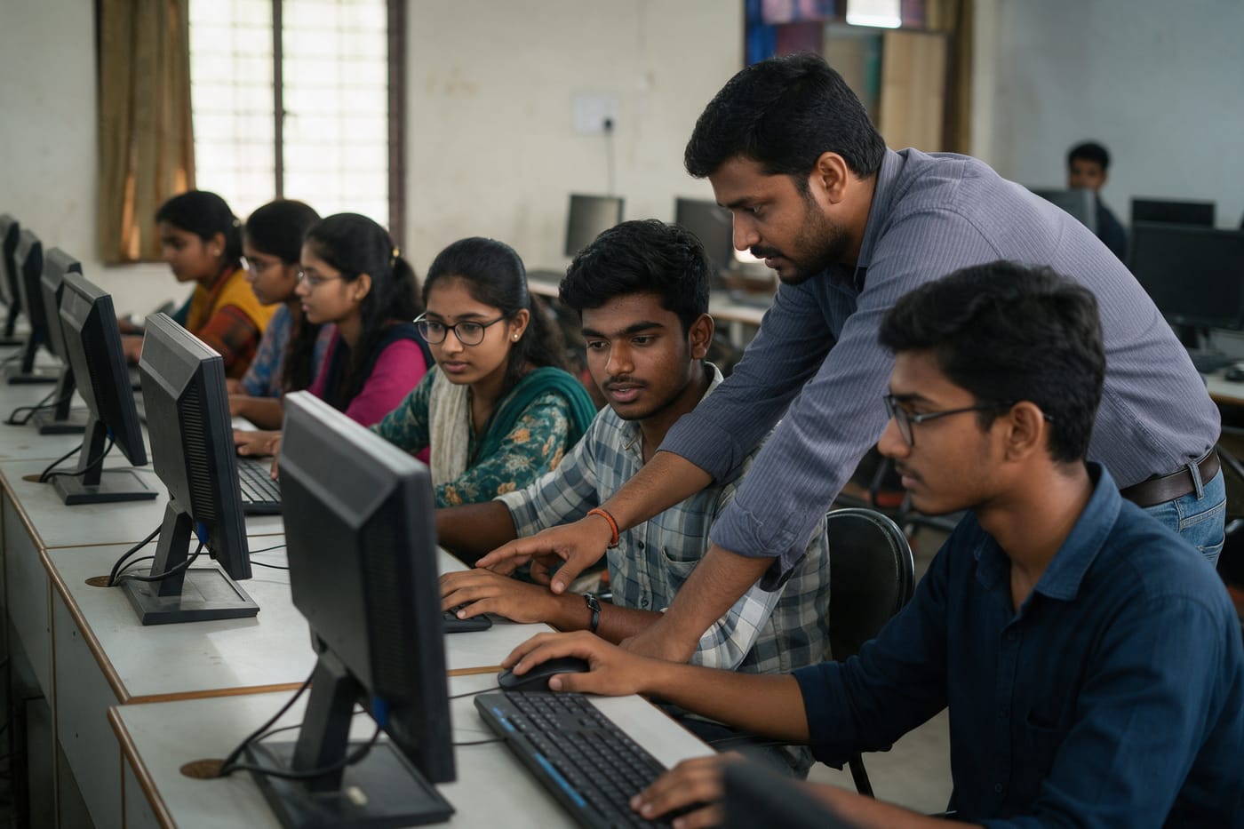 A mentor guiding students at computers in a college lab
