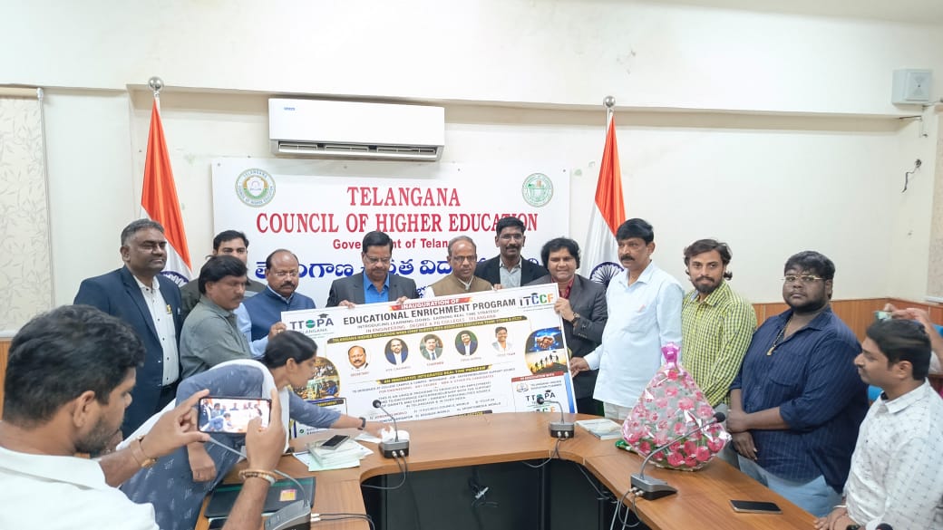 The gathering photographed with the programme banner at the Telangana Council of Higher Education